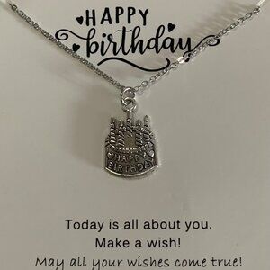 Cute Silver "Happy Birthday" Cake Carded Necklace